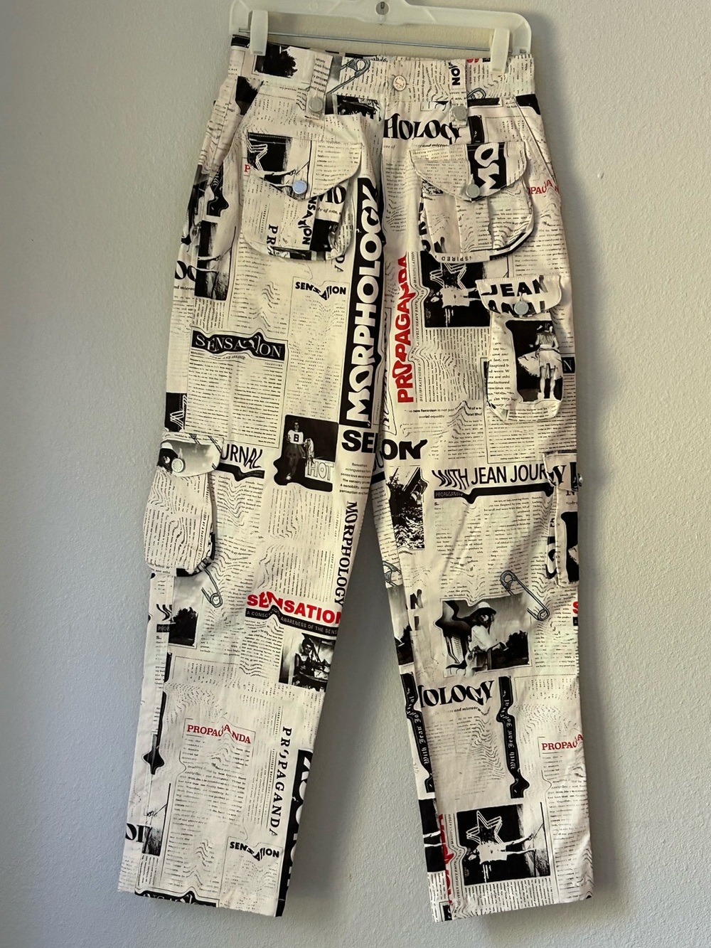 With Jean Black/Off White Newspaper Print Y2K Utility Cargo Pant; High Waist; XS